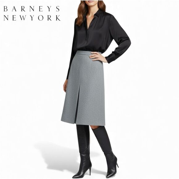 Barney’s New York NWT Gray Herringbone Wool Angora A-Line Pleated Skirt Italy 8 - Picture 1 of 15
